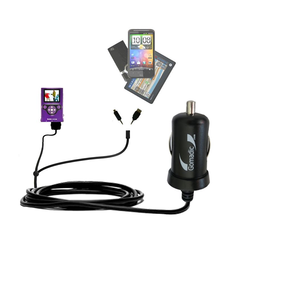 Double Port Micro Gomadic Car / Auto DC Charger suitable for the Kodak Zm2 Mini Video Camera - Charges up to 2 devices simultaneously with Gomadic TipExchange Technology