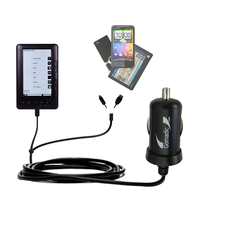 Double Port Micro Gomadic Car / Auto DC Charger suitable for the Laser eBook 5 EB101 - Charges up to 2 devices simultaneously with Gomadic TipExchange Technology