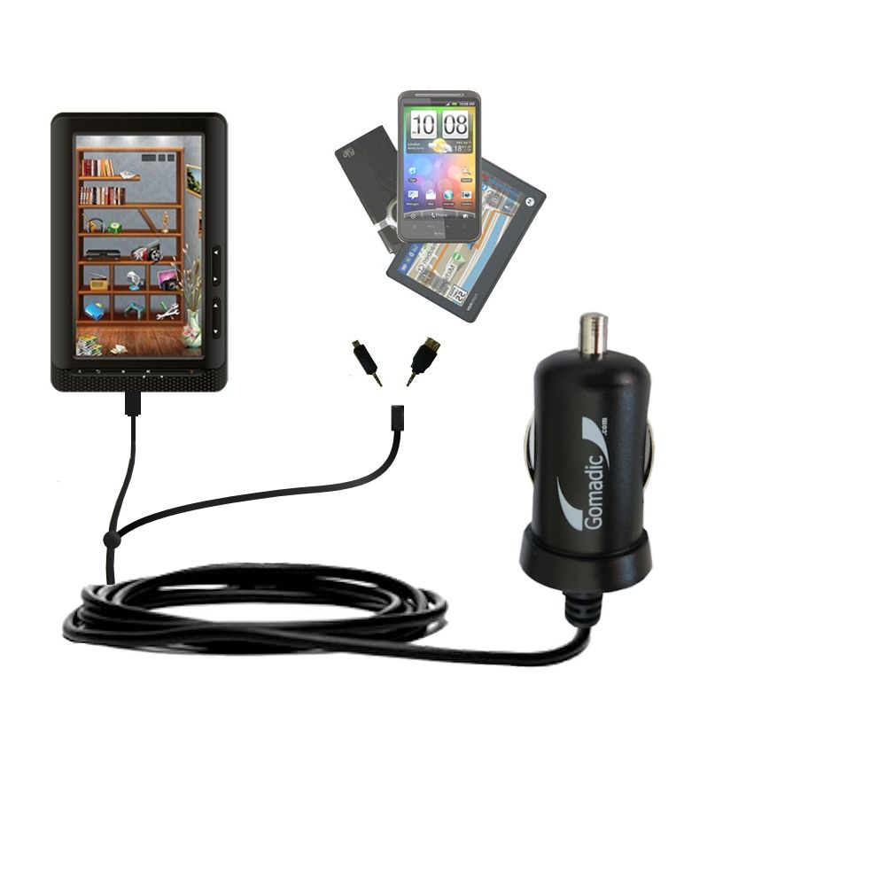 Double Port Micro Gomadic Car / Auto DC Charger suitable for the Laser eBook Media 7 EB850 - Charges up to 2 devices simultaneously with Gomadic TipExchange Technology