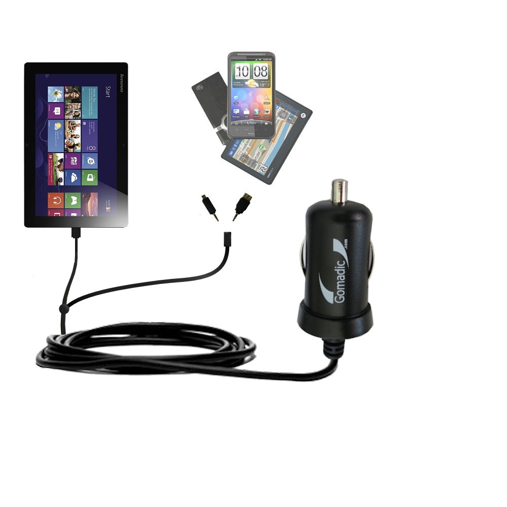Double Port Micro Gomadic Car / Auto DC Charger suitable for the Lenovo IdeaTab Lynx - Charges up to 2 devices simultaneously with Gomadic TipExchange Technology