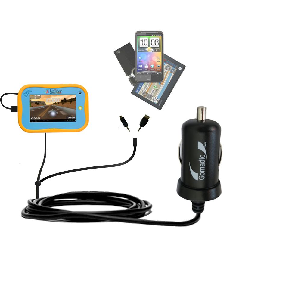 Double Port Micro Gomadic Car / Auto DC Charger suitable for the Lexibook Junior Power Touch Tablet MFC270EN - Charges up to 2 devices simultaneously with Gomadic TipExchange Technology