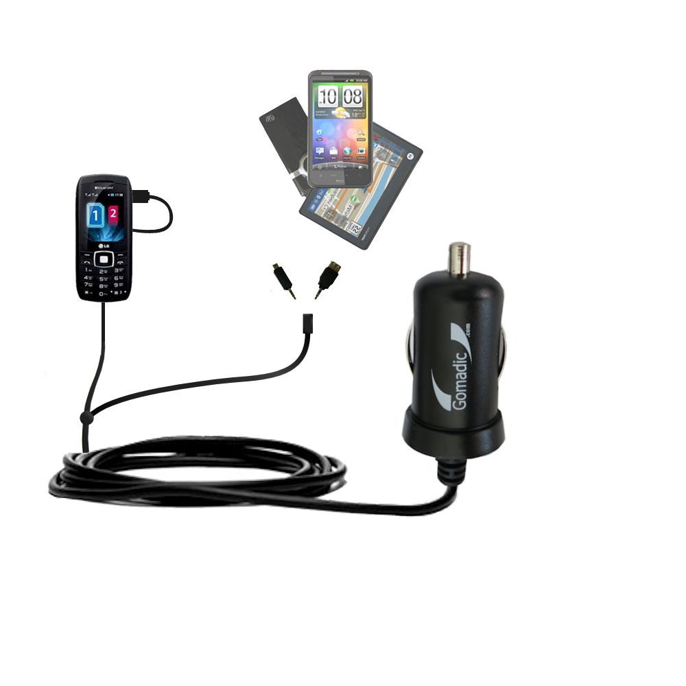 Double Port Micro Gomadic Car / Auto DC Charger suitable for the LG GX300 - Charges up to 2 devices simultaneously with Gomadic TipExchange Technology