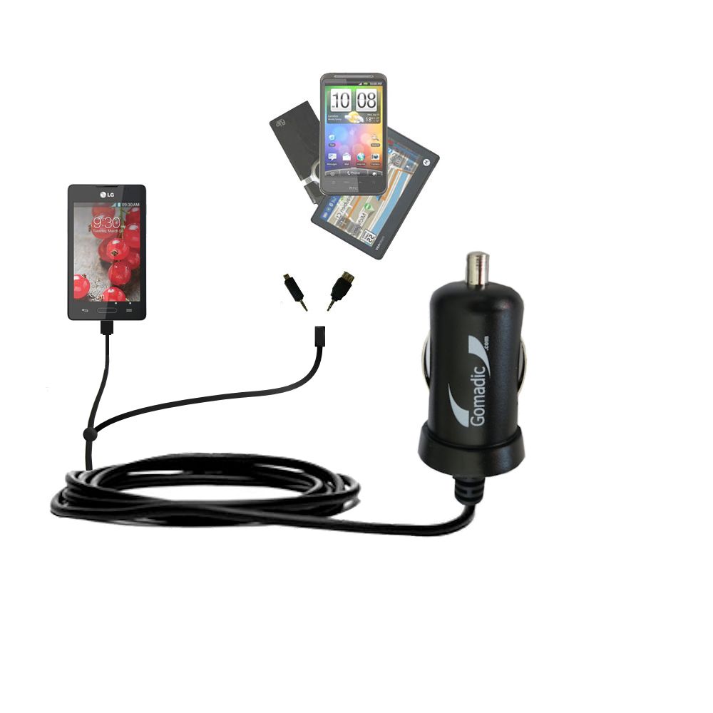 mini Double Car Charger with tips including compatible with the LG Optimus L4 II