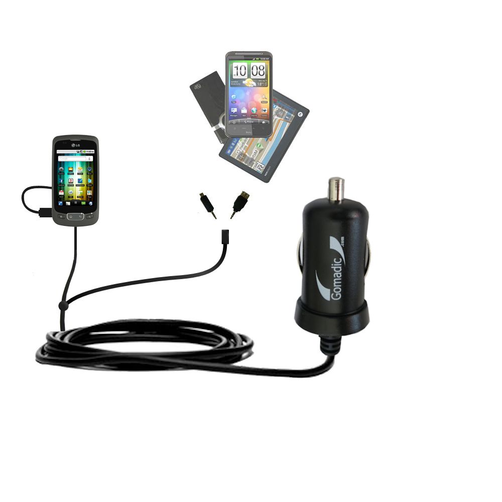 Double Port Micro Gomadic Car / Auto DC Charger suitable for the LG Optimus T - Charges up to 2 devices simultaneously with Gomadic TipExchange Technology