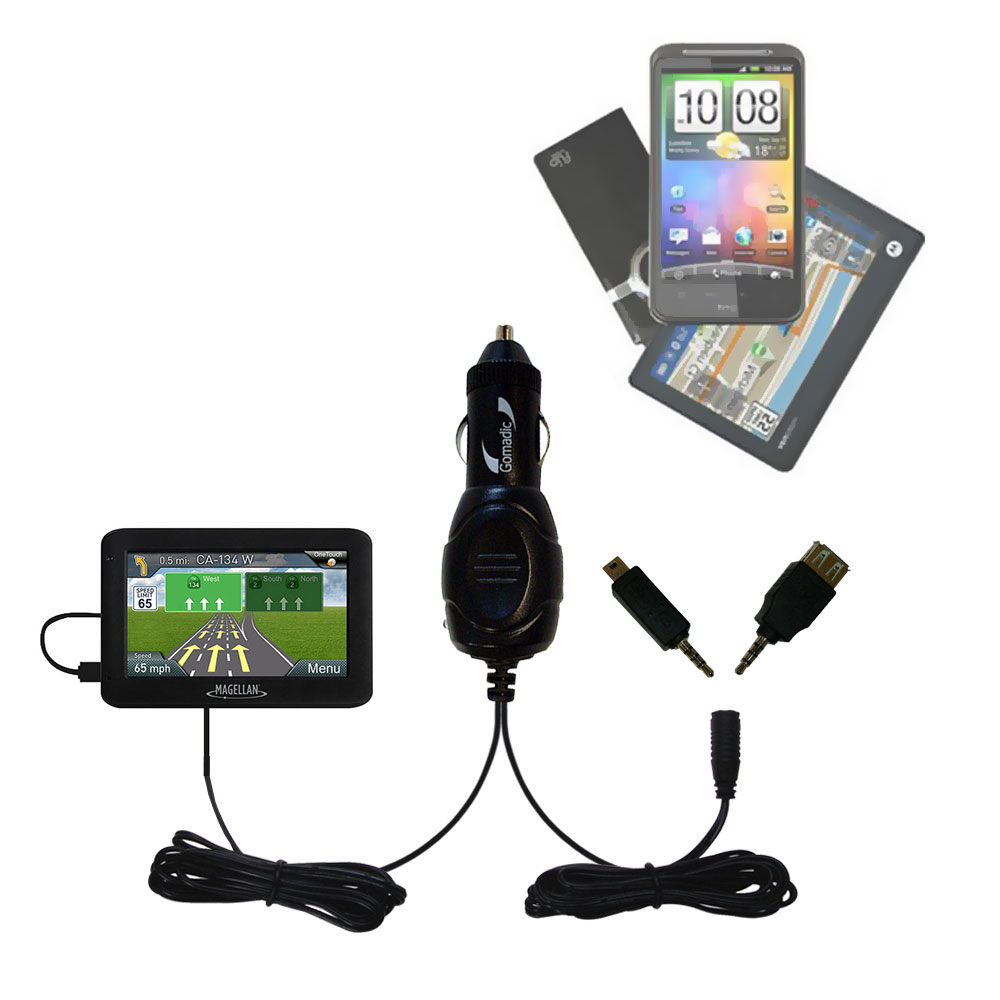 Double Port Micro Gomadic Car / Auto DC Charger suitable for the Magellan Roadmate 5620-LM / 5625-LM - Charges up to 2 devices simultaneously with Gomadic TipExchange Technology
