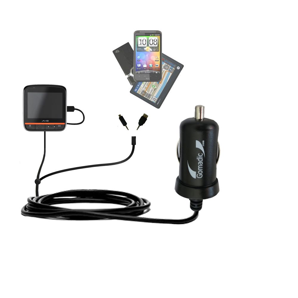 Double Port Micro Gomadic Car / Auto DC Charger suitable for the Mio MiVue 358 / 388 - Charges up to 2 devices simultaneously with Gomadic TipExchange Technology
