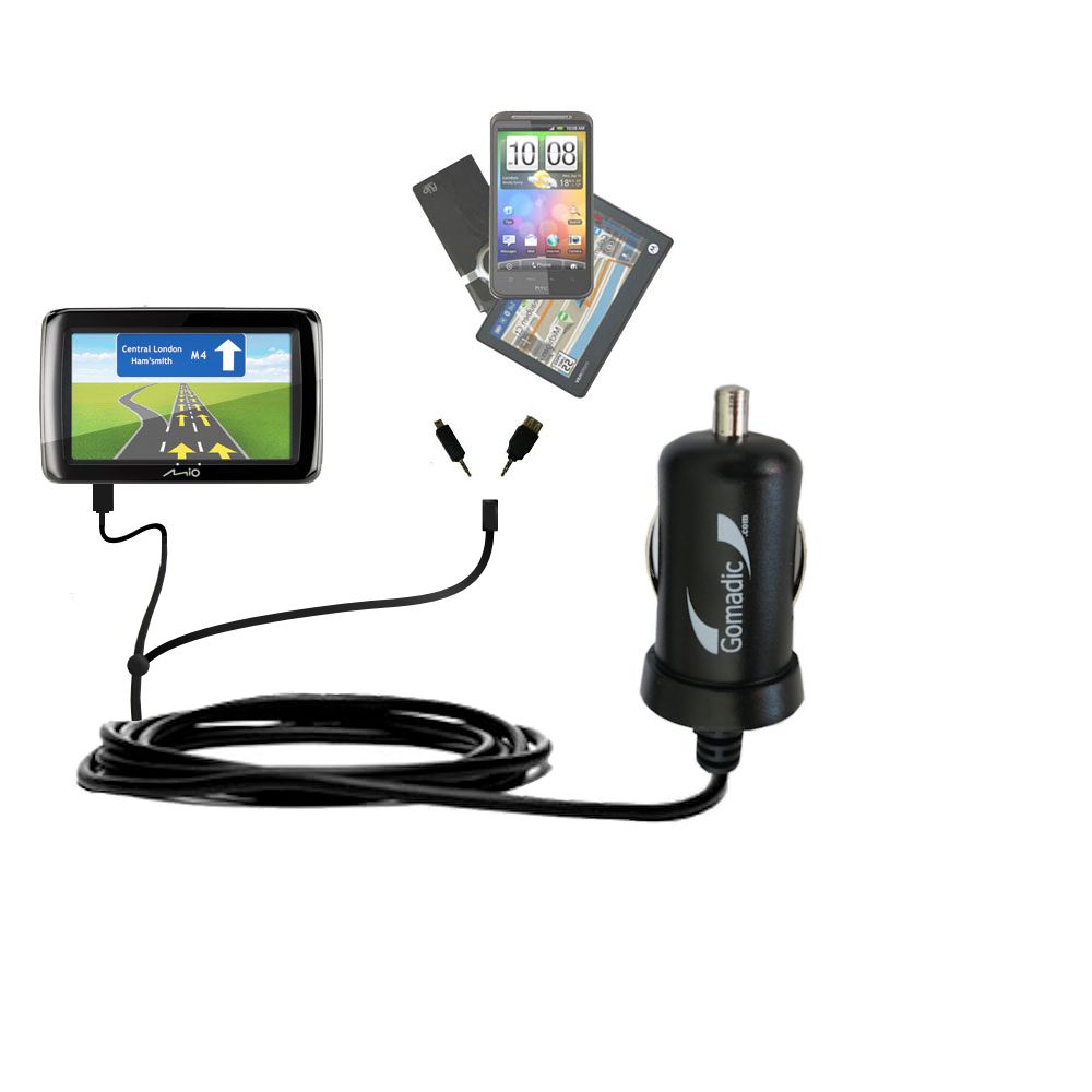 mini Double Car Charger with tips including compatible with the Mio Spirit 490 / 495 / 497