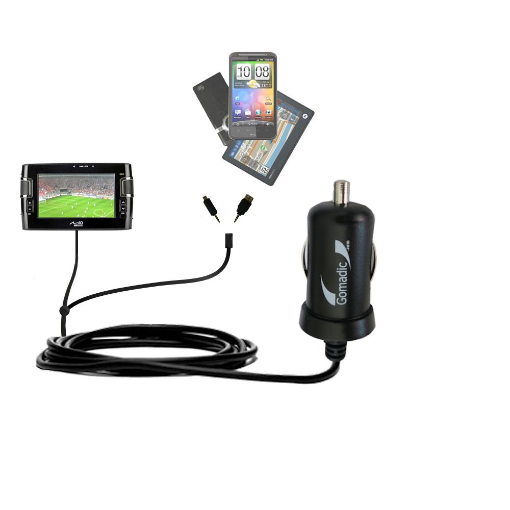 Double Port Micro Gomadic Car / Auto DC Charger suitable for the Mio C317 - Charges up to 2 devices simultaneously with Gomadic TipExchange Technology