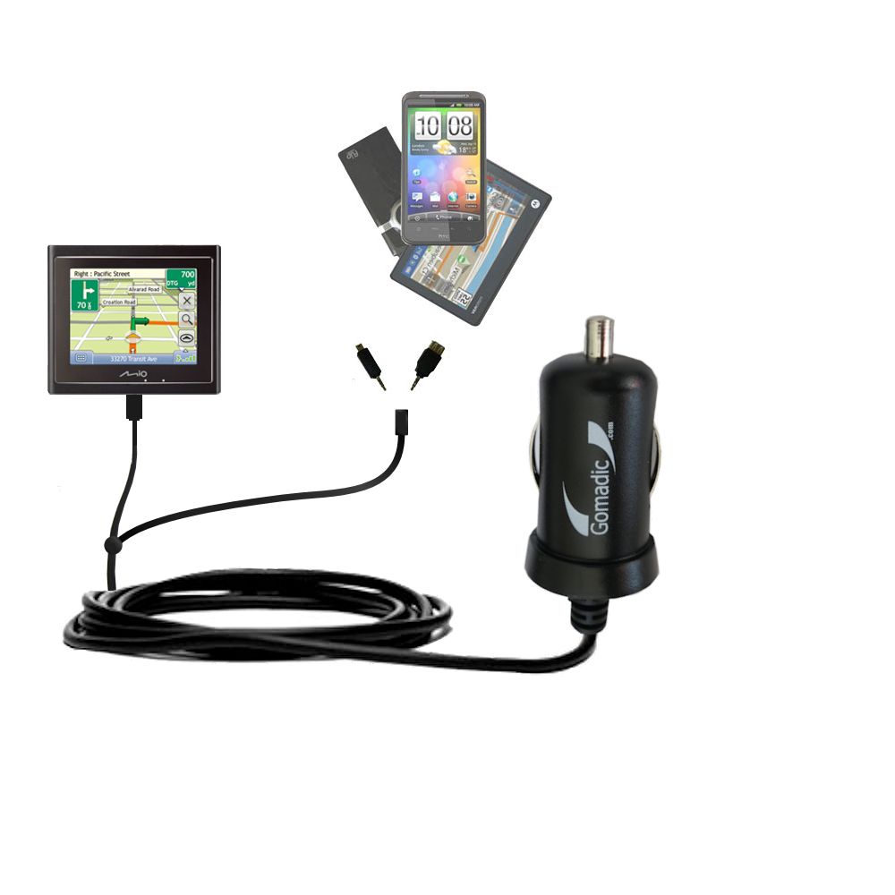 Double Port Micro Gomadic Car / Auto DC Charger suitable for the Mio Moov 200 210 - Charges up to 2 devices simultaneously with Gomadic TipExchange Technology