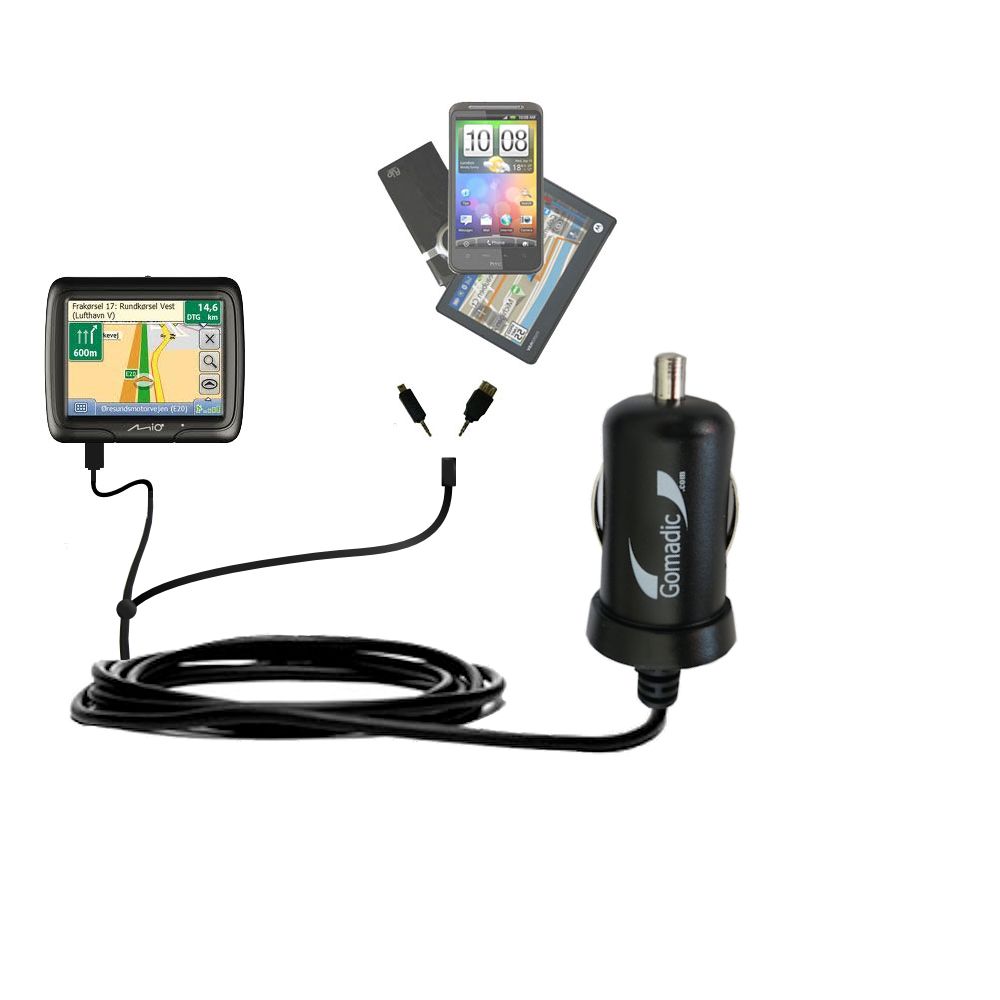 Double Port Micro Gomadic Car / Auto DC Charger suitable for the Mio Navman M300 - Charges up to 2 devices simultaneously with Gomadic TipExchange Technology