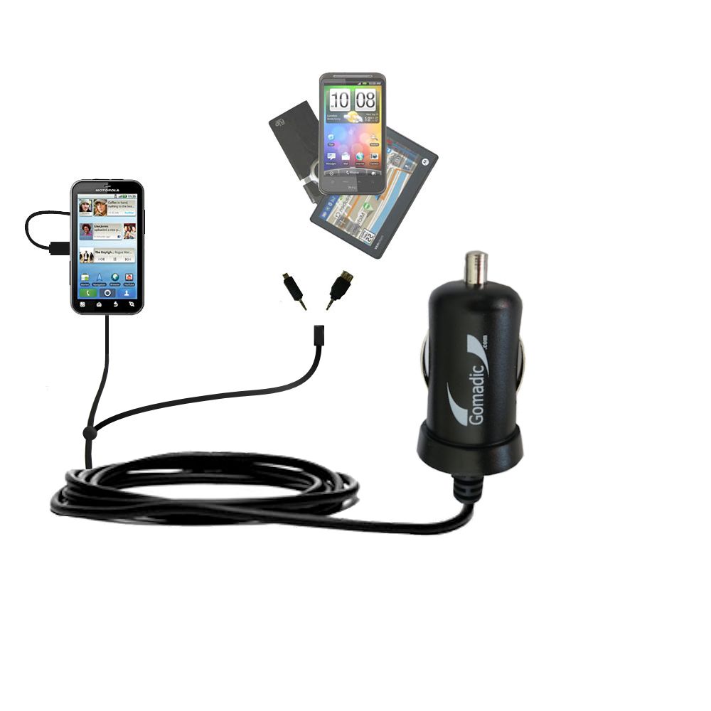 mini Double Car Charger with tips including compatible with the Motorola DEFY