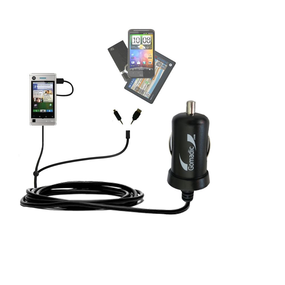 Double Port Micro Gomadic Car / Auto DC Charger suitable for the Motorola Devour A555 - Charges up to 2 devices simultaneously with Gomadic TipExchange Technology