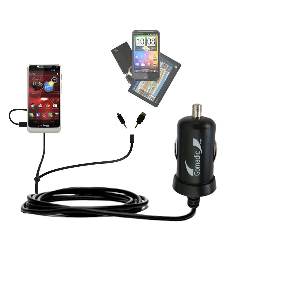 Double Port Micro Gomadic Car / Auto DC Charger suitable for the Motorola DROID RAZR M - Charges up to 2 devices simultaneously with Gomadic TipExchange Technology