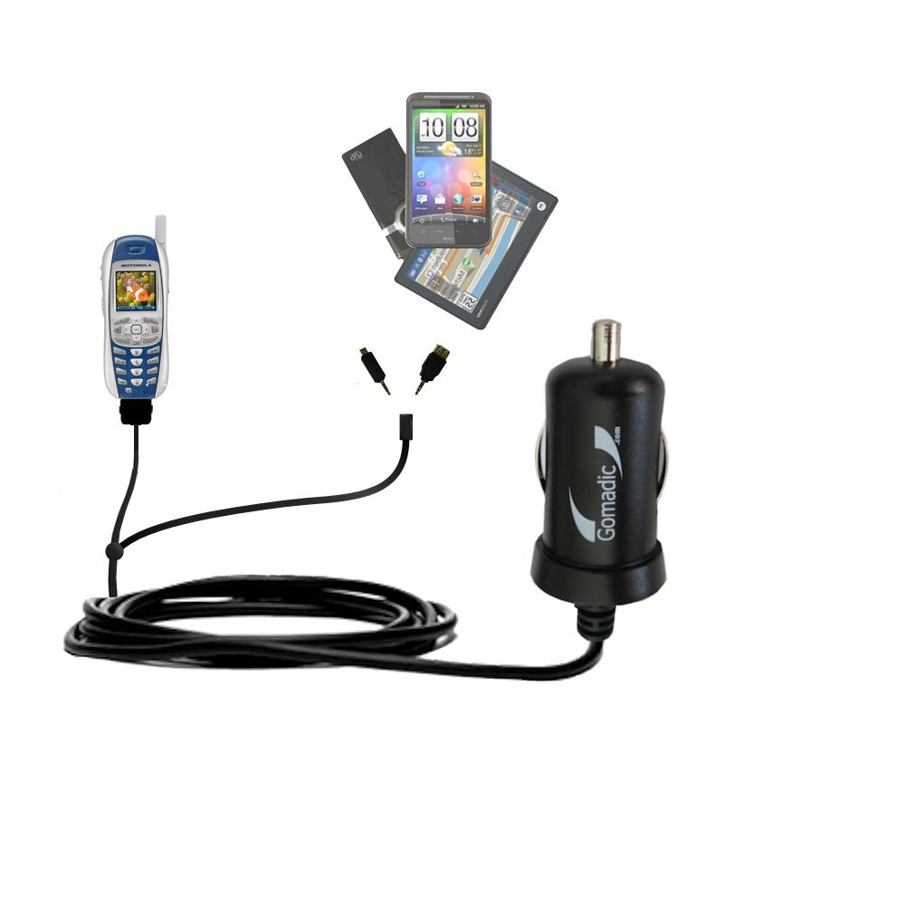 Double Port Micro Gomadic Car / Auto DC Charger suitable for the Motorola i265 - Charges up to 2 devices simultaneously with Gomadic TipExchange Technology