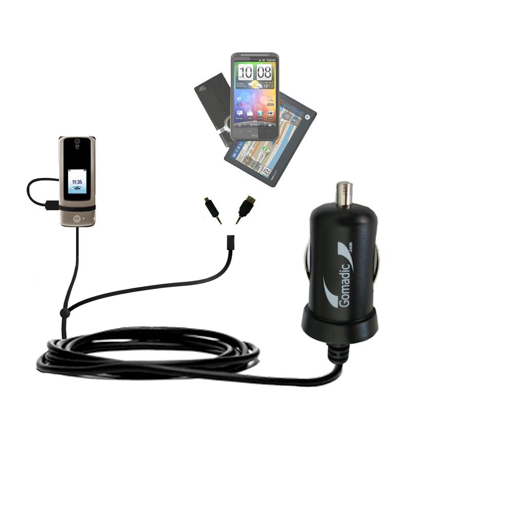 mini Double Car Charger with tips including compatible with the Motorola KRZR K3