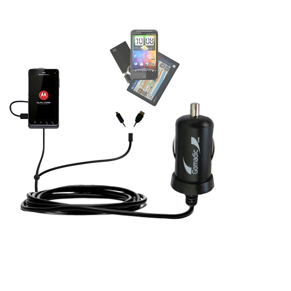 mini Double Car Charger with tips including compatible with the Motorola MILESTONE 3