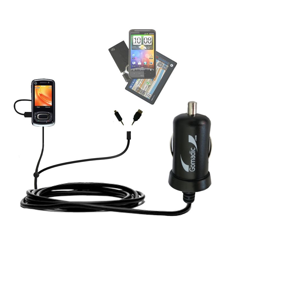 Double Port Micro Gomadic Car / Auto DC Charger suitable for the Motorola MOTO W7 Active Edition - Charges up to 2 devices simultaneously with Gomadic TipExchange Technology