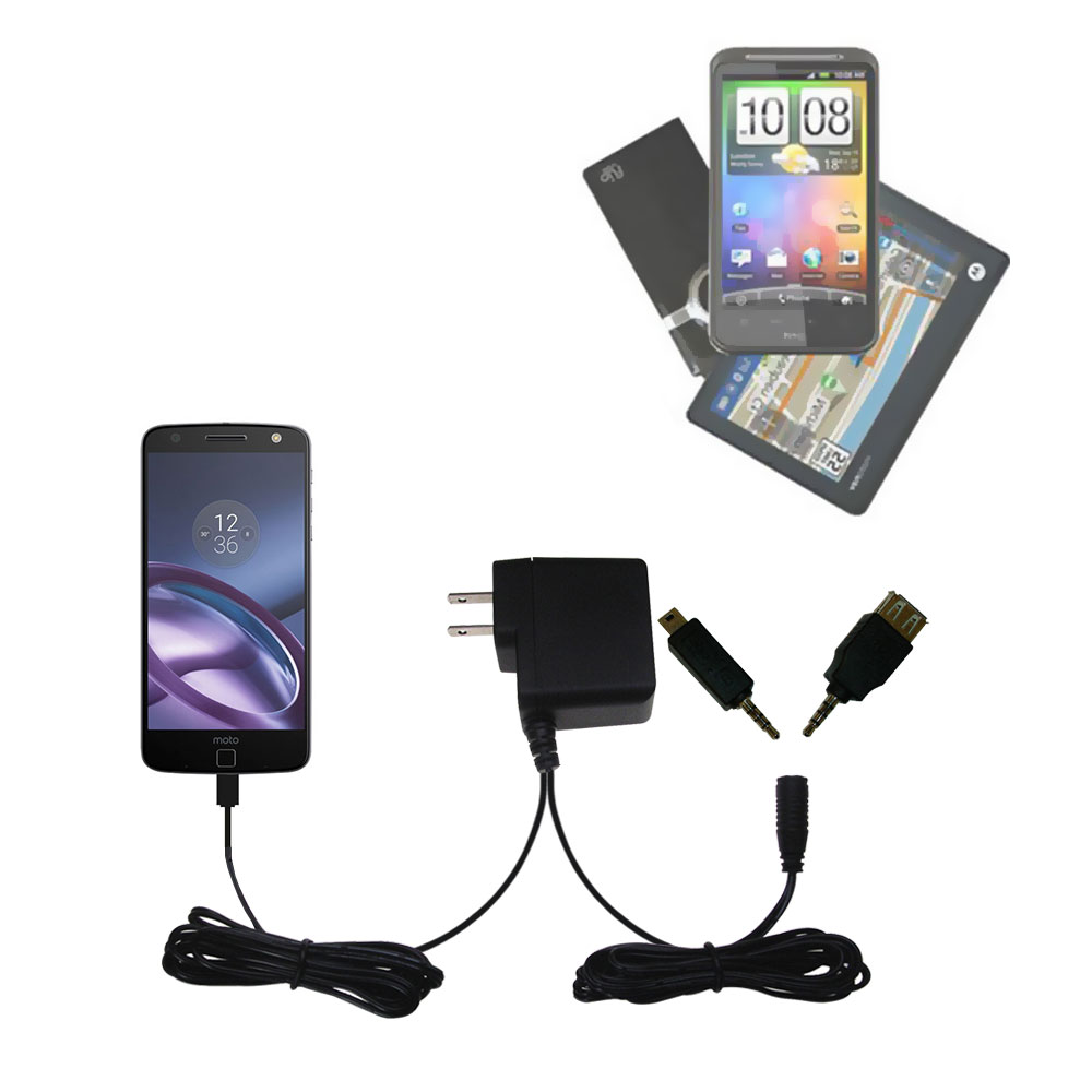 Double Wall Home Charger with tips including compatible with the Motorola Moto Z Play