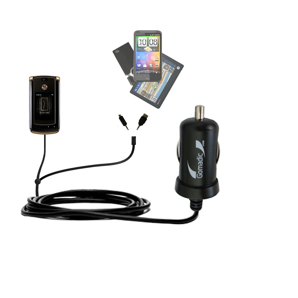 mini Double Car Charger with tips including compatible with the Motorola MOTORAZR 2 V8