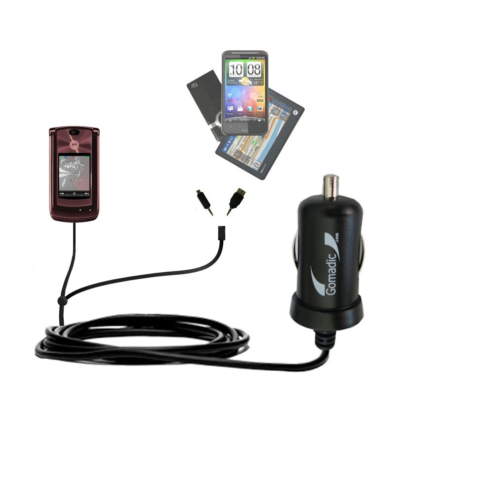 mini Double Car Charger with tips including compatible with the Motorola MOTORAZR 2 V9