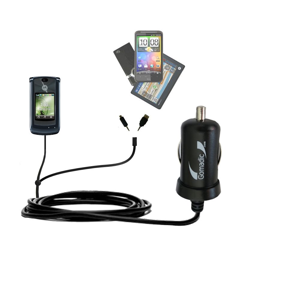 mini Double Car Charger with tips including compatible with the Motorola MOTORAZR 2 V9m
