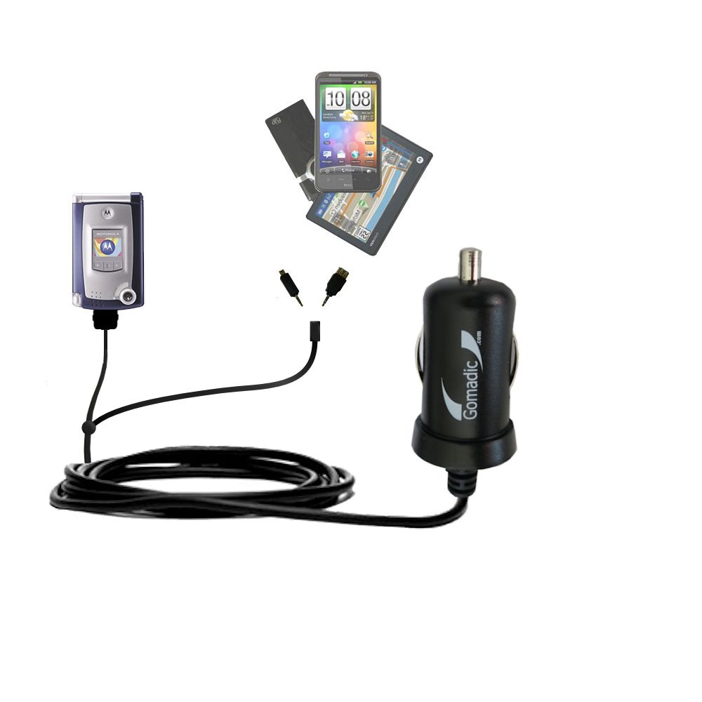 mini Double Car Charger with tips including compatible with the Motorola MPx