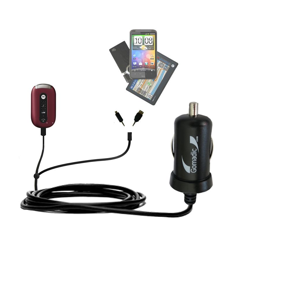 mini Double Car Charger with tips including compatible with the Motorola PEBL U6