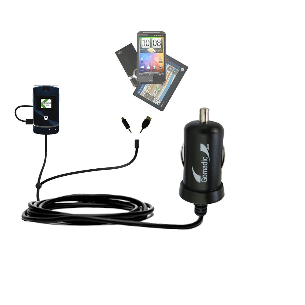 mini Double Car Charger with tips including compatible with the Motorola RAZR VE20
