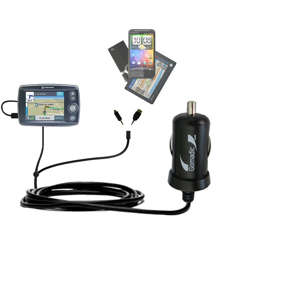 Double Port Micro Gomadic Car / Auto DC Charger suitable for the Navman F40 Europe - Charges up to 2 devices simultaneously with Gomadic TipExchange Technology