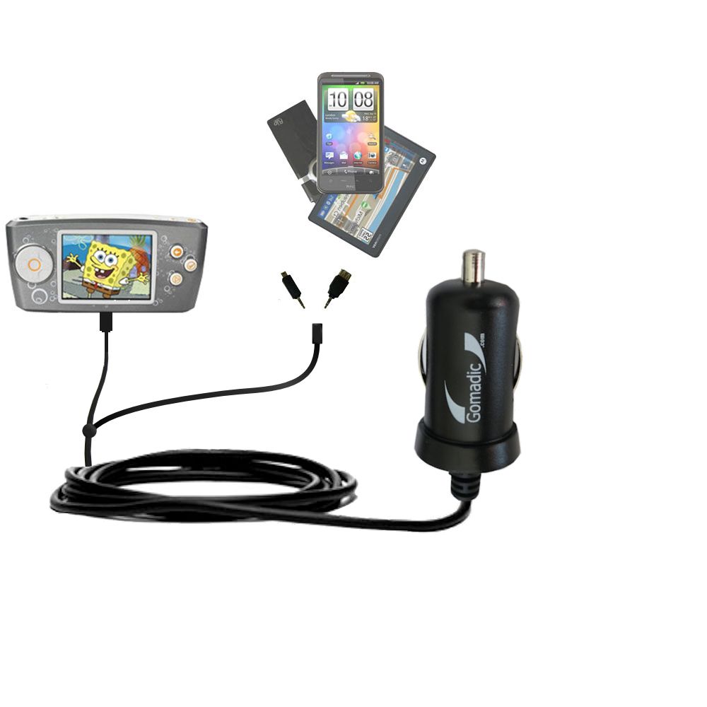 Double Port Micro Gomadic Car / Auto DC Charger suitable for the Nickelodean Spongebob Squarepants Multimedia Player - Charges up to 2 devices simultaneously with Gomadic TipExchange Technology