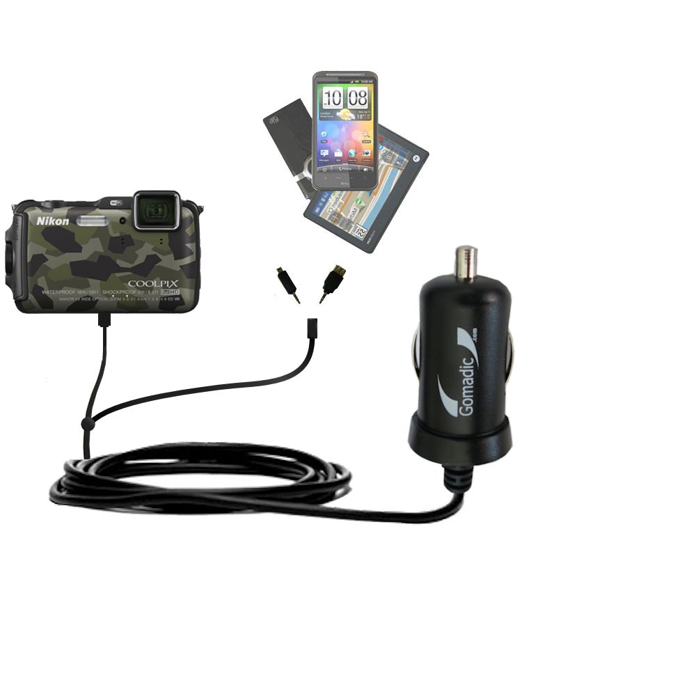 mini Double Car Charger with tips including compatible with the Nikon Coolpix AW120 / AW120s