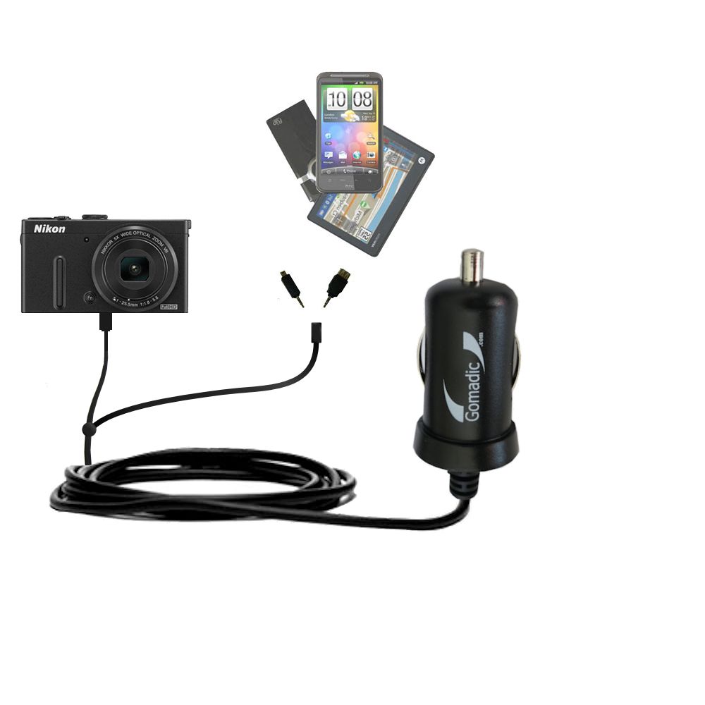Double Port Micro Gomadic Car / Auto DC Charger suitable for the Nikon Coolpix P330 - Charges up to 2 devices simultaneously with Gomadic TipExchange Technology