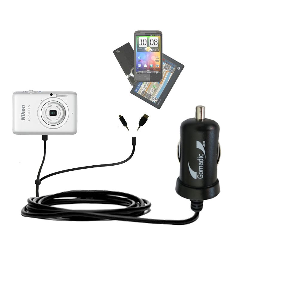 mini Double Car Charger with tips including compatible with the Nikon Coolpix S02