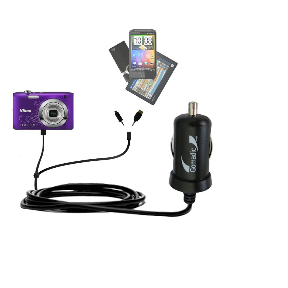 Double Port Micro Gomadic Car / Auto DC Charger suitable for the Nikon Coolpix S2600 - Charges up to 2 devices simultaneously with Gomadic TipExchange Technology