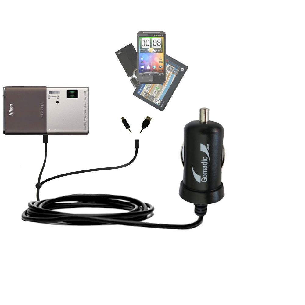 mini Double Car Charger with tips including compatible with the Nikon Coolpix S80