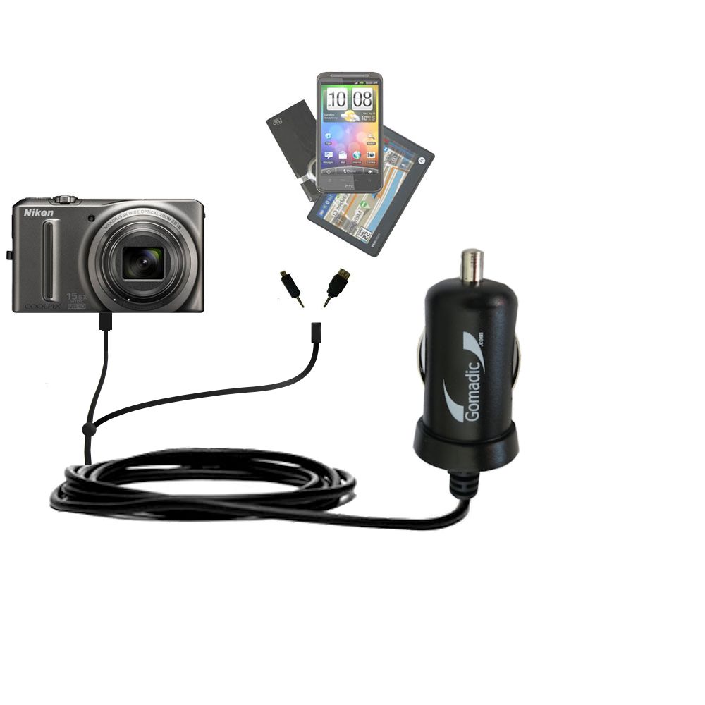 mini Double Car Charger with tips including compatible with the Nikon Coolpix S9050