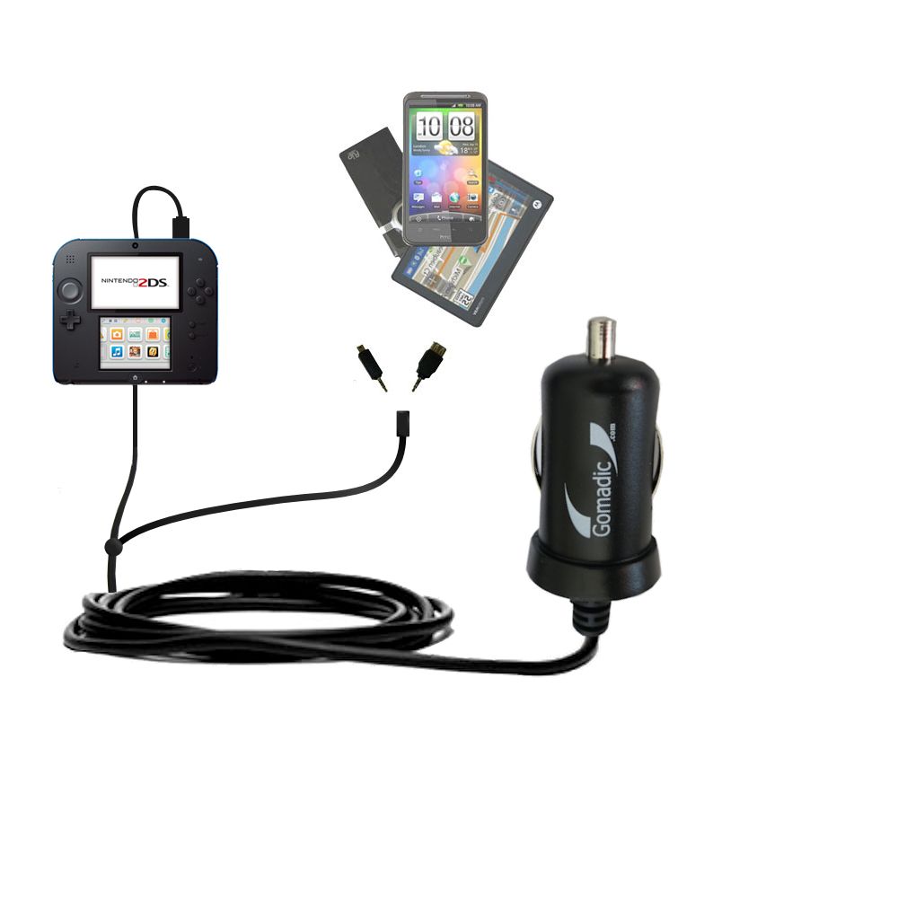 mini Double Car Charger with tips including compatible with the Nintendo 2DS