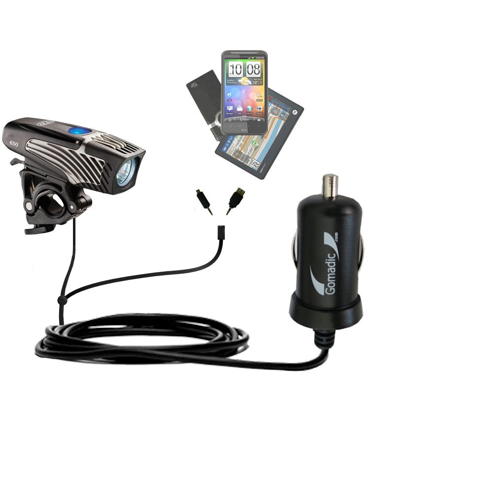 Double Port Micro Gomadic Car / Auto DC Charger suitable for the Nite Rider Lumina 650 / 500 - Charges up to 2 devices simultaneously with Gomadic TipExchange Technology
