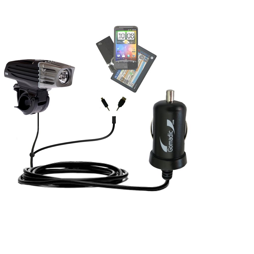 Double Port Micro Gomadic Car / Auto DC Charger suitable for the Nite Rider MiNewt Mini 350 - Charges up to 2 devices simultaneously with Gomadic TipExchange Technology