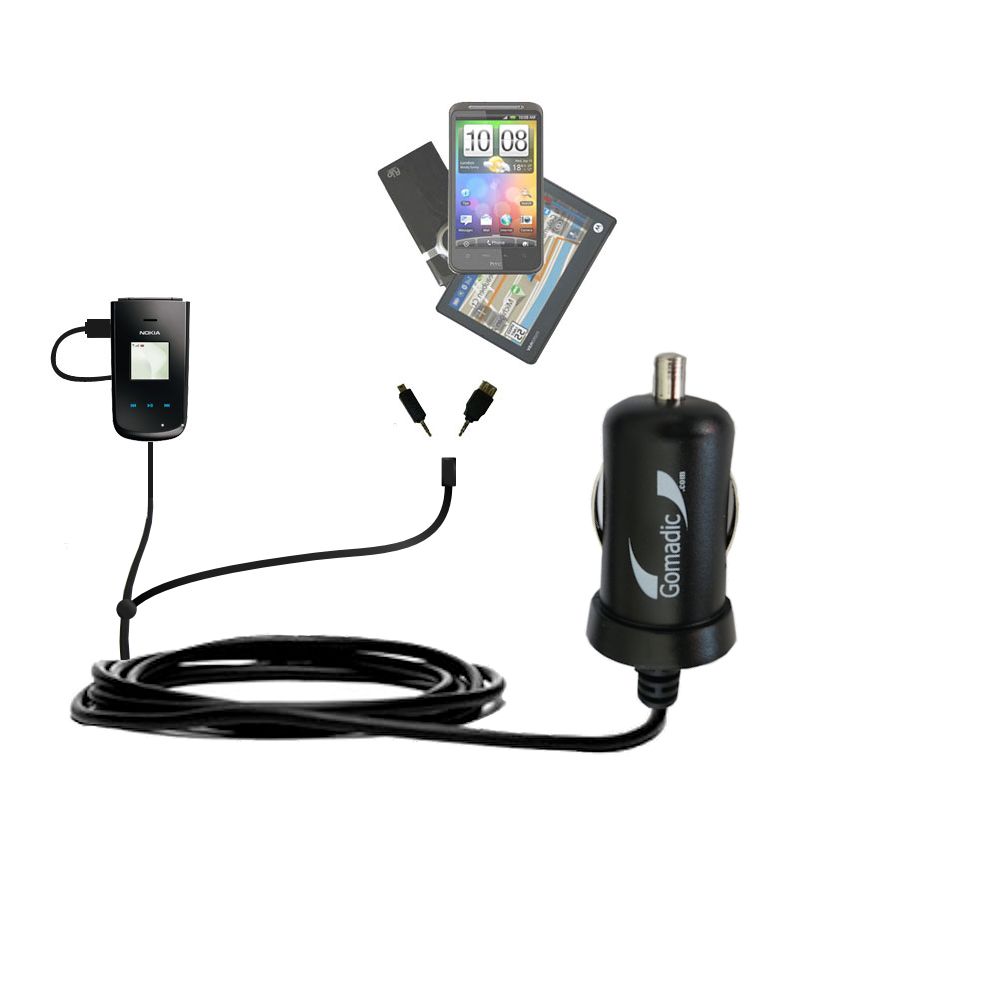 Double Port Micro Gomadic Car / Auto DC Charger suitable for the Nokia 1606 - Charges up to 2 devices simultaneously with Gomadic TipExchange Technology