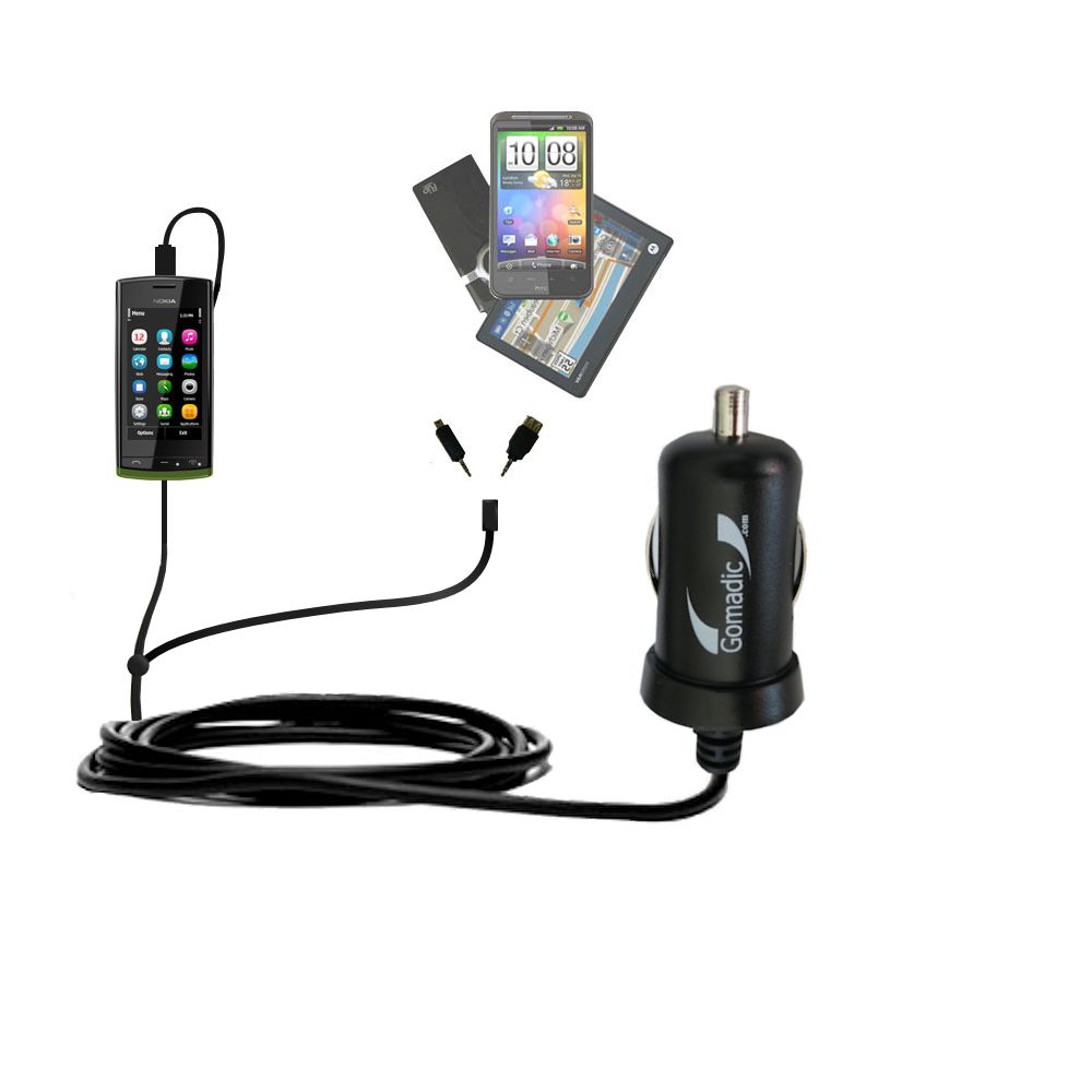 Double Port Micro Gomadic Car / Auto DC Charger suitable for the Nokia 500 - Charges up to 2 devices simultaneously with Gomadic TipExchange Technology