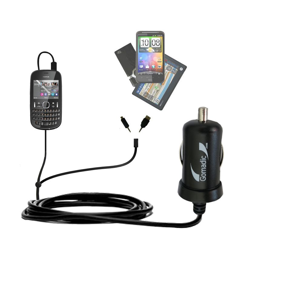 mini Double Car Charger with tips including compatible with the Nokia Asha 201