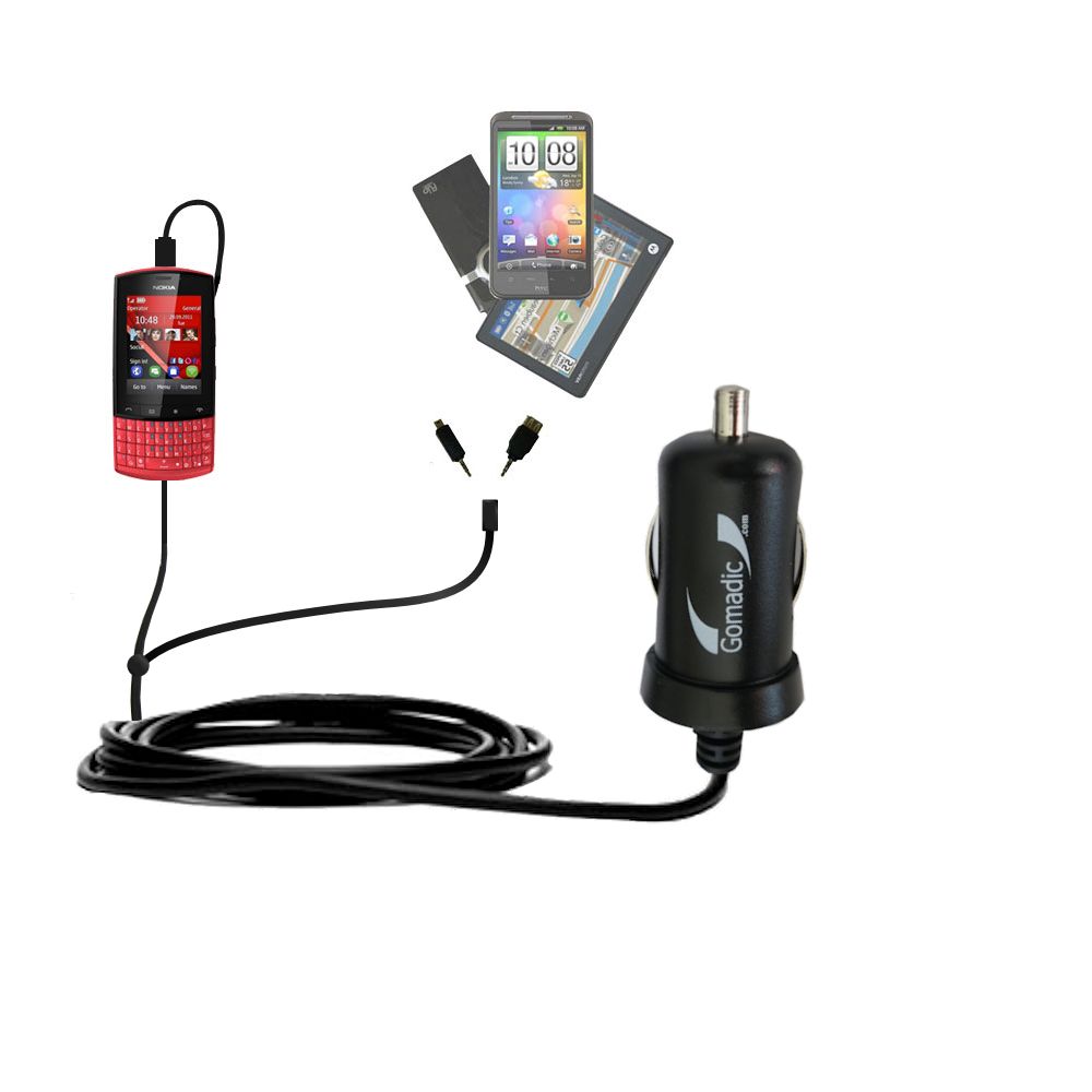 mini Double Car Charger with tips including compatible with the Nokia Asha 303