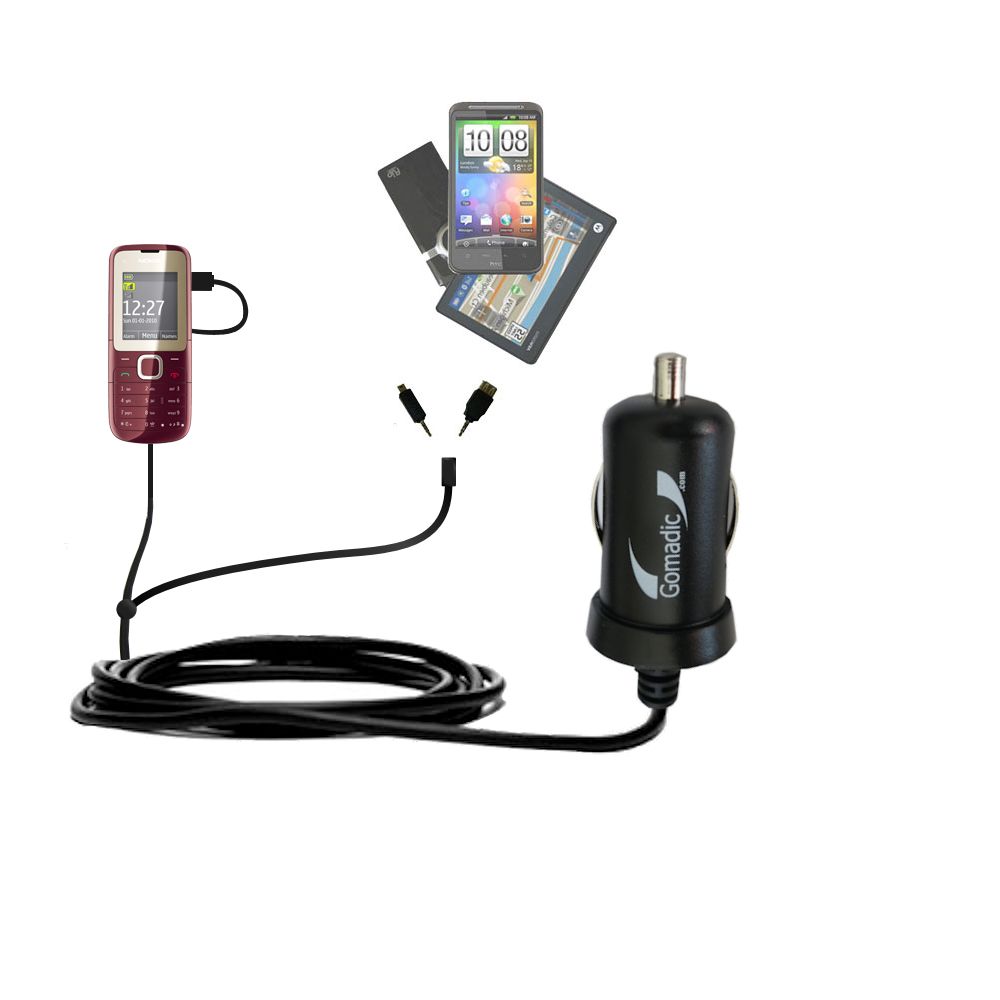 mini Double Car Charger with tips including compatible with the Nokia C2-00