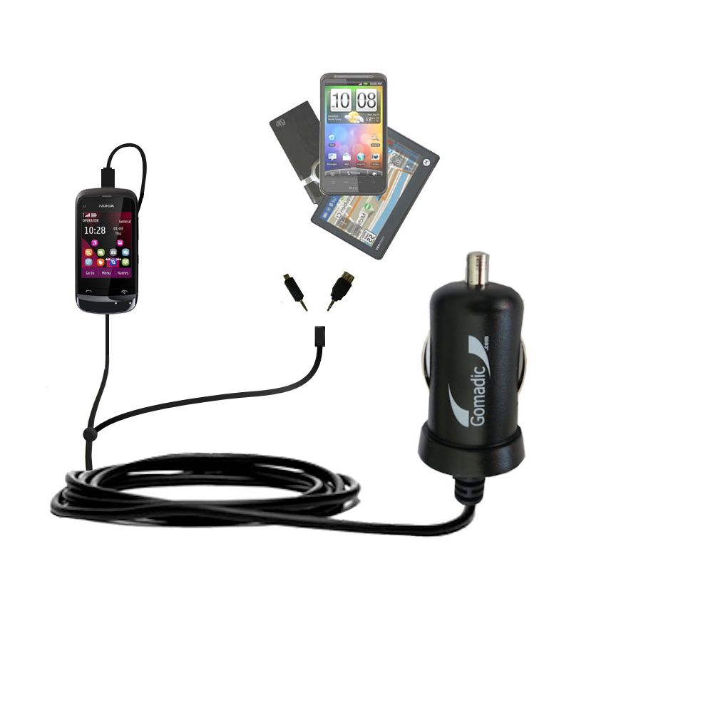 mini Double Car Charger with tips including compatible with the Nokia C2-O2