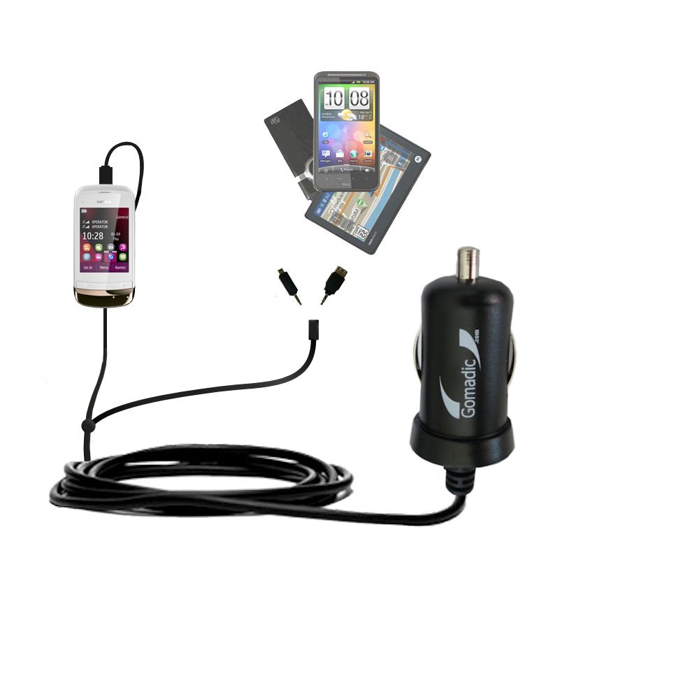 mini Double Car Charger with tips including compatible with the Nokia C2-O3