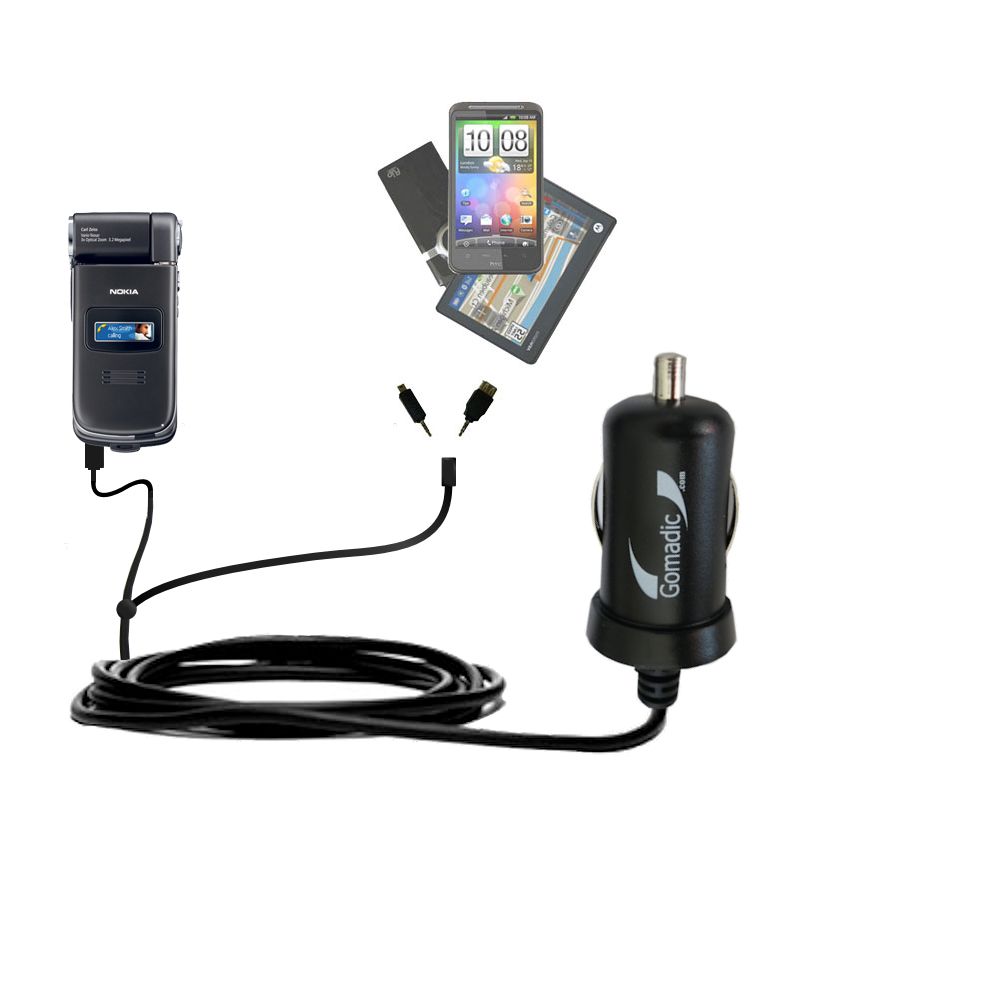 Double Port Micro Gomadic Car / Auto DC Charger suitable for the Nokia N90 N93 N95 - Charges up to 2 devices simultaneously with Gomadic TipExchange Technology