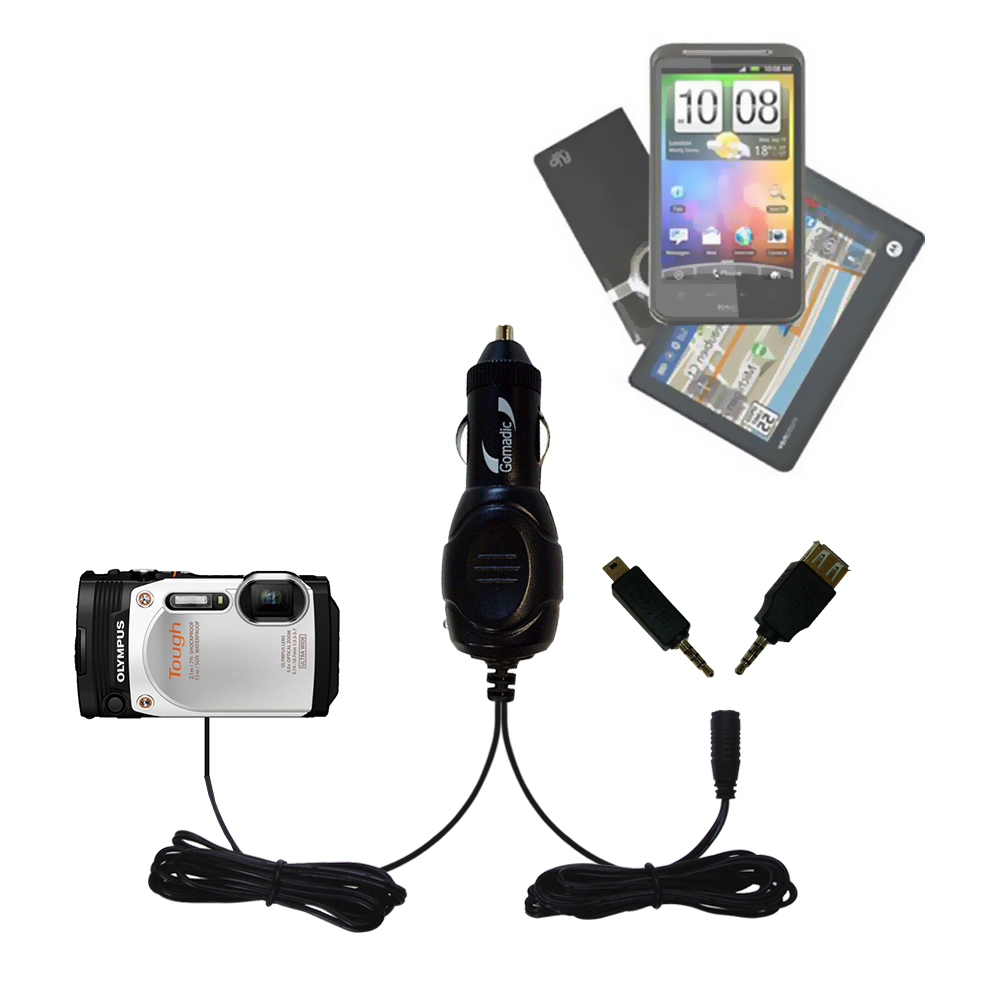 Double Port Micro Gomadic Car / Auto DC Charger suitable for the Olympus TG-860 - Charges up to 2 devices simultaneously with Gomadic TipExchange Technology