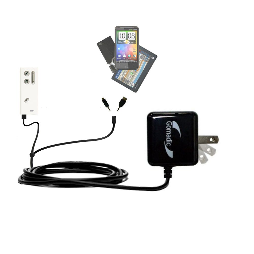 Gomadic Double Wall AC Home Charger suitable for the Oticon Streamer Pro - Charge up to 2 devices at the same time with TipExchange Technology