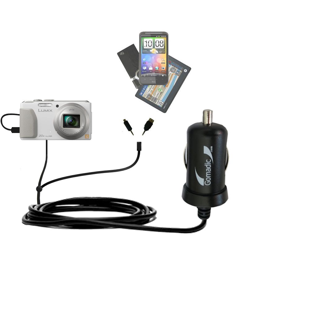 Double Port Micro Gomadic Car / Auto DC Charger suitable for the Panasonic Lumix DMC-ZS30W - Charges up to 2 devices simultaneously with Gomadic TipExchange Technology